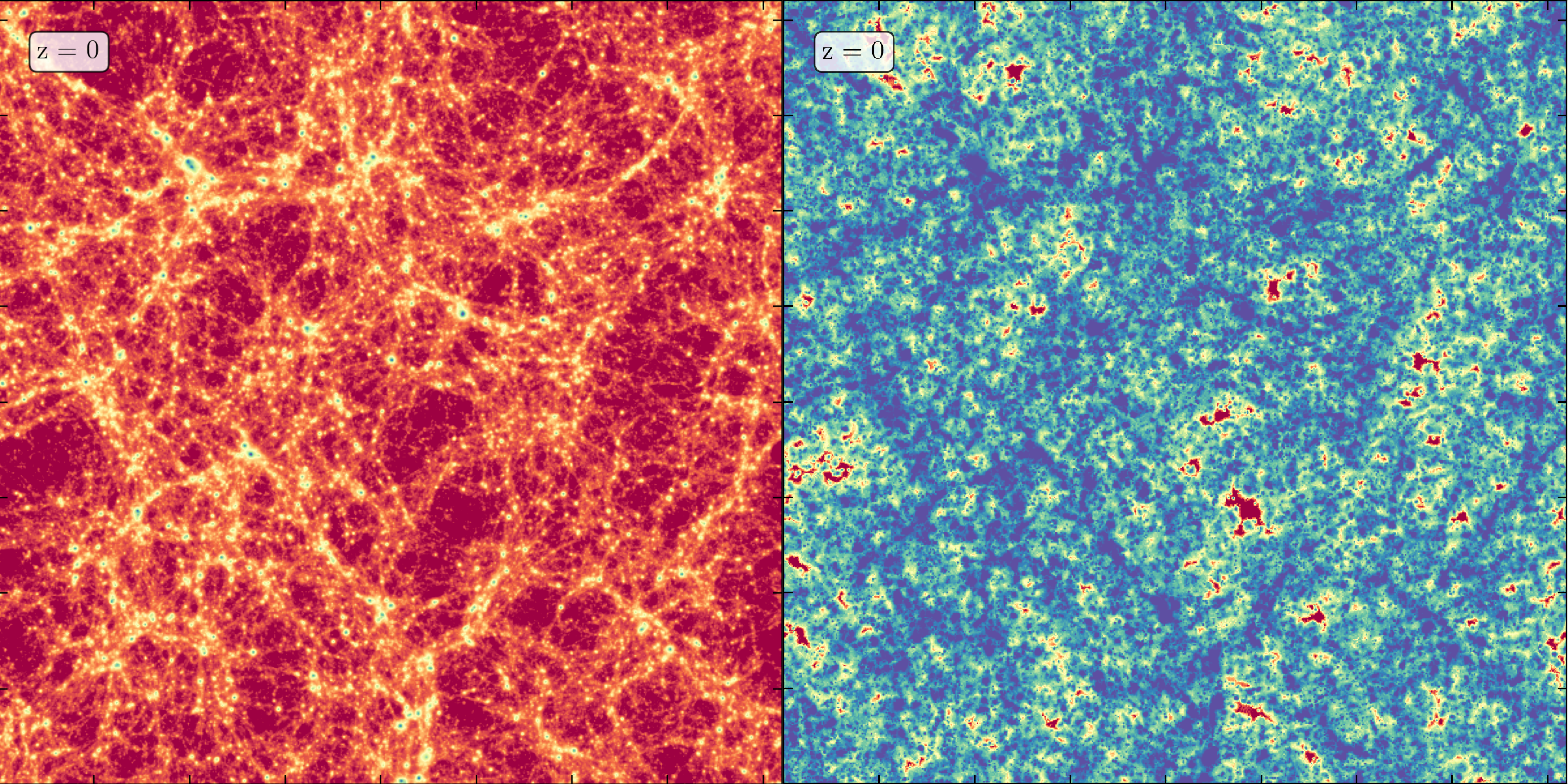 Two side-by-side images of a cosmological simulation, which looks like a web of filaments.